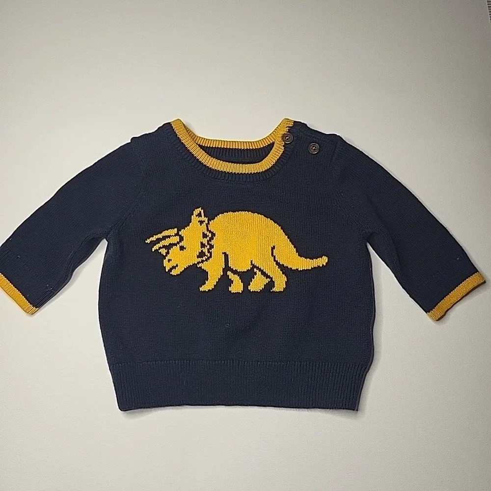 BABY GAP Crewneck Navy Blue Sweater‎ Boys Yellow Dinosaur Sweater Top Size 0-3mo